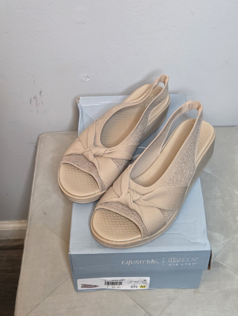 Life Stride Bell Beige Knit  Slingback Wedge Sandals, Sz 6.5 NIB